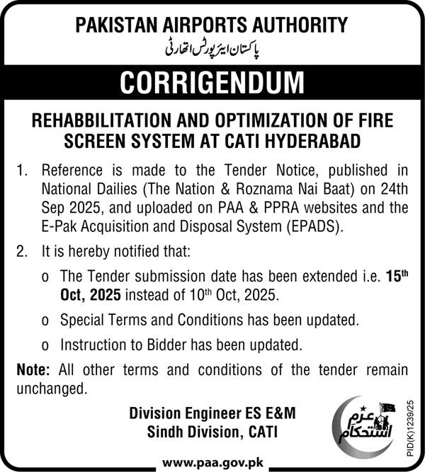 Pakistan Airport Authority Hyderabad Tender Notice